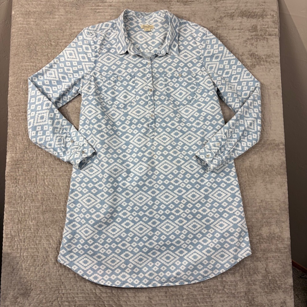 Lucky Brand Ikat Diamond Denim Shirt Dress Blue White Long Sleeve XL 7W44024